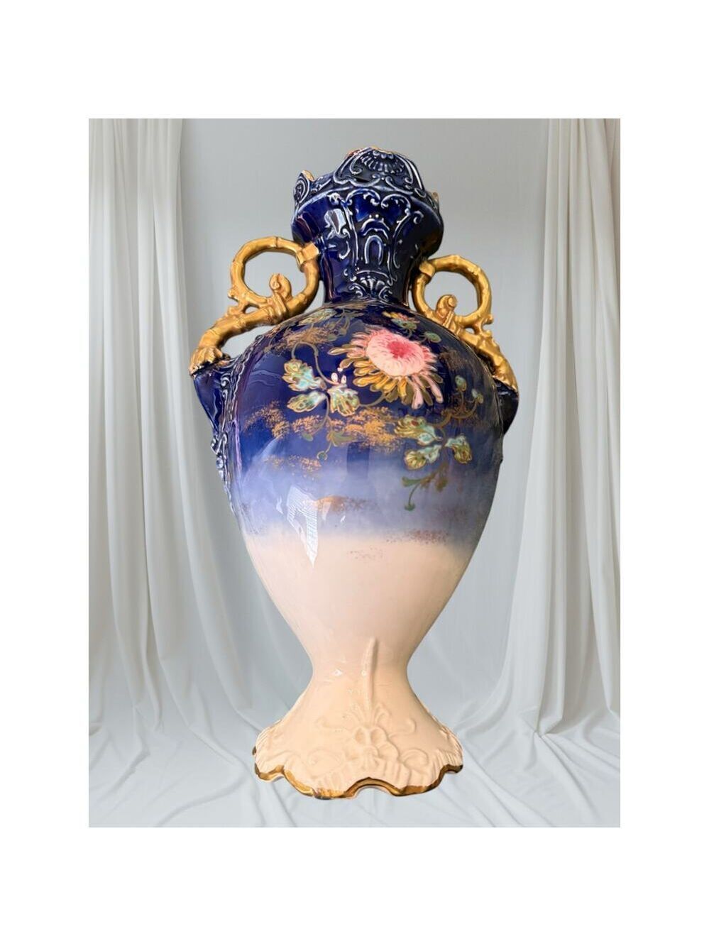 Antique Cobalt Blue Hand-Painted Floral Urn Vase, Gold Gilt Handles, 1890-1920